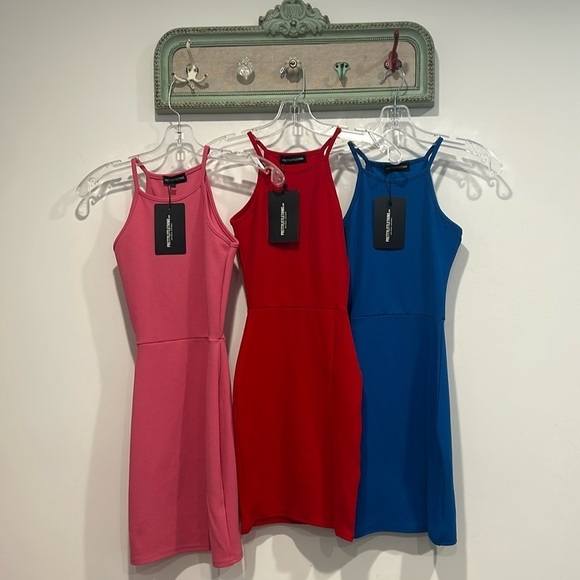 PrettyLittleThing Dresses & Skirts - Pretty little thing bundle of 3 slit high neck mini dress size 4 pink red blue